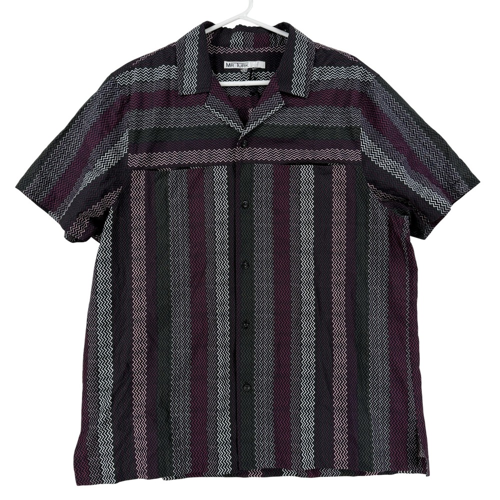 MR TURK Shirt Mens XL Black Geometric Zig Zag Short Sleeve Button Front Retro